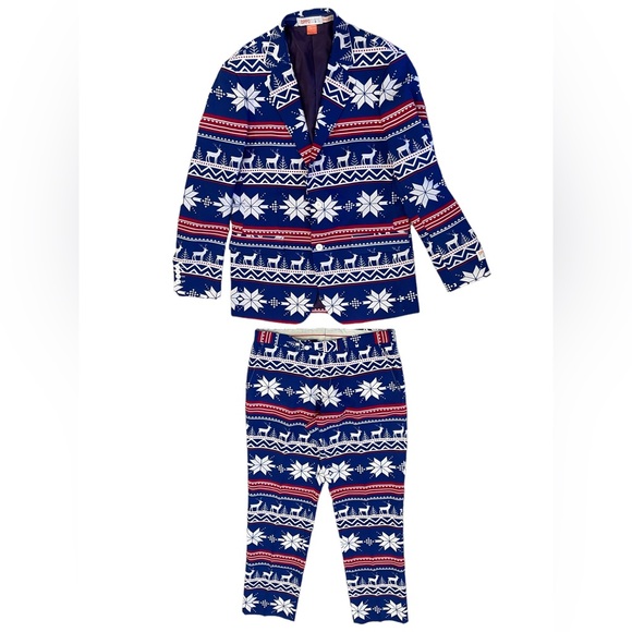 OppoSuits Christmas Men’s 2-Piece The Rudolph Suit Blue Red Reindeer Snowflakes - Picture 2 of 9